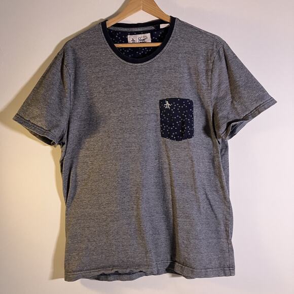 Original Penguin Shirt Mens XL Gray Navy Pocket Tee Patterned Cotton Casual - Picture 1 of 16